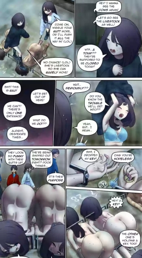 Girls sneaking into the barn and playing pranks